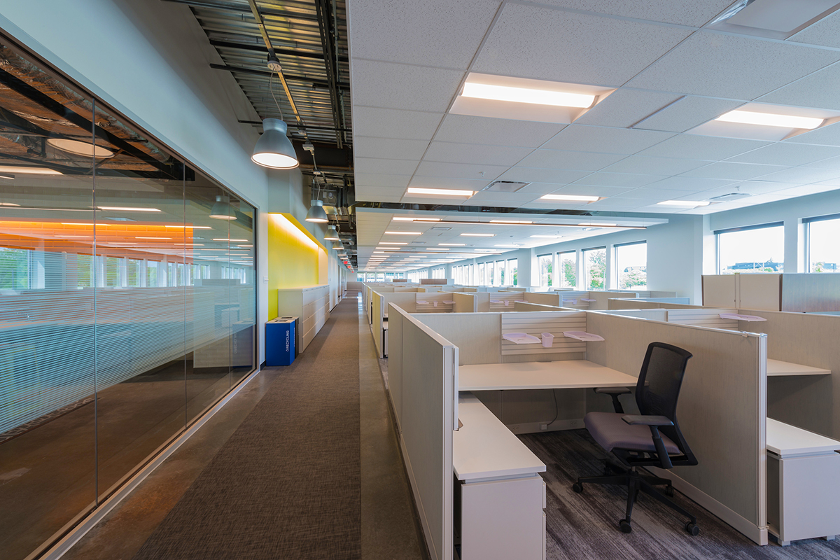 Modern office space with empty cubicles, large windows on one side, a yellow accent wall, overhead lighting, exposed ceiling, and a glass-walled meeting room to the left. The workspace is clean, orderly, and brightly lit.