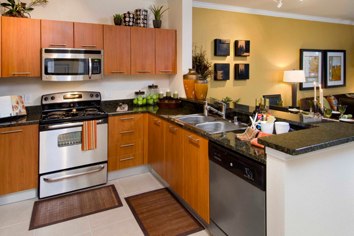 Modern kitchen with wood cabinets, stainless steel appliances, double sink, and black granite countertops. Decorative items, artwork, and plants are visible, with a living room in the background.