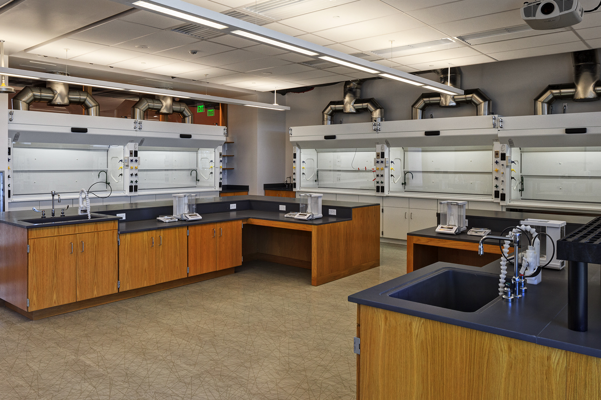 A modern science laboratory with wooden cabinets, sinks, lab scales, and three large fume hoods along the back wall. The room is clean and well-lit with overhead lights and ventilation ducts visible.
