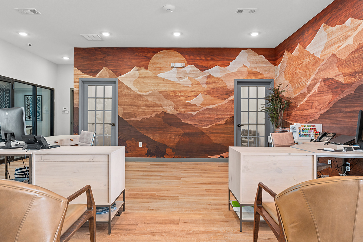 Modern office with light wood furniture, two desks, and brown leather chairs. A colorful mountain mural with a sun decorates the back wall, and glass doors separate the office space.