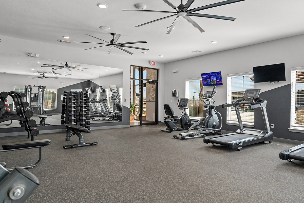 Modern gym with treadmills, stationary bikes, weight bench, free weights, large mirrors, ceiling fans, wall-mounted TVs, and windows letting in natural light.