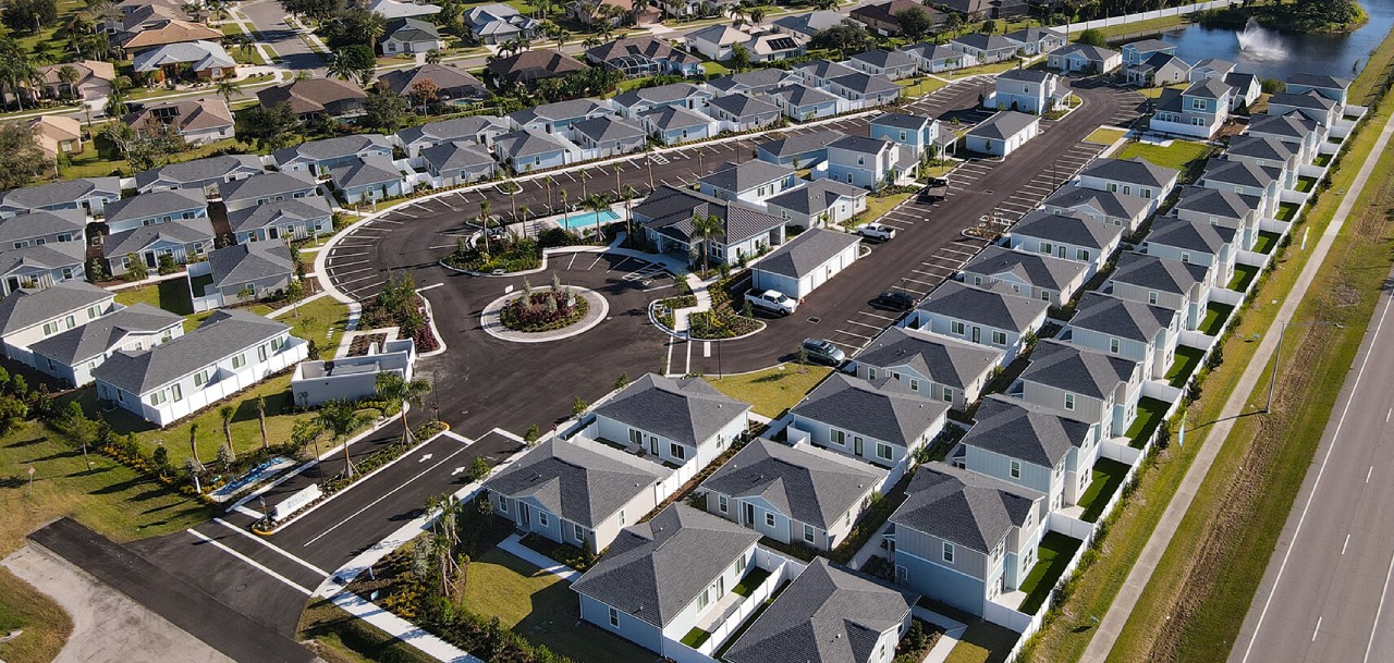 build to rent community with over thirty houses and a road with parking spaces creating a loop in the middle of the houses